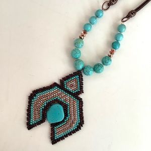 Turquoise magnesite boho beaded necklace with handmade beaded naja pendant